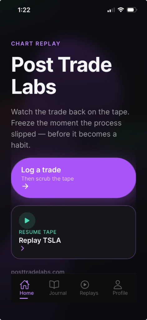Post Trade Labs home — Log a trade and resume tape